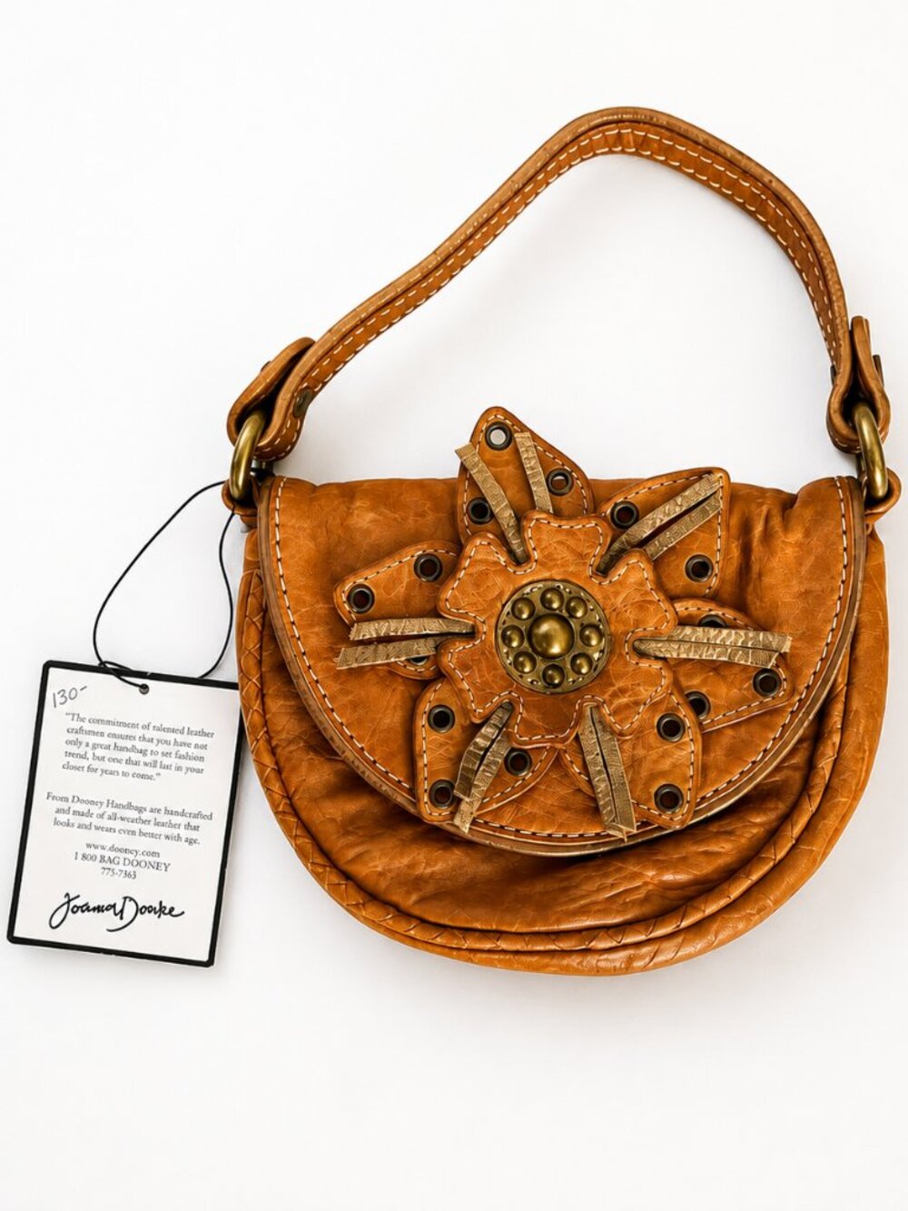 Junior Drake Italian Leather Floral Appliqué Shoulder Bag Cognac Brown Boho